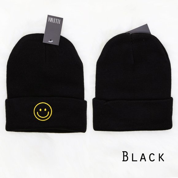 NEW Smile Smiley Happy Face Emoji Embroidered Cozy Soft Warm Rib Knit Beanie Hat - Picture 9 of 14